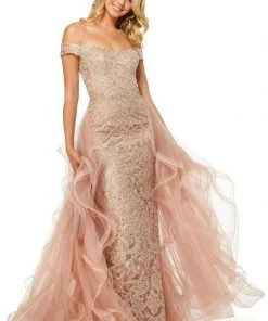 Sherri Hill - 52556 Off-Shoulder Applique Dress With Overskirt