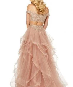 Sherri Hill - 52556 Off-Shoulder Applique Dress With Overskirt