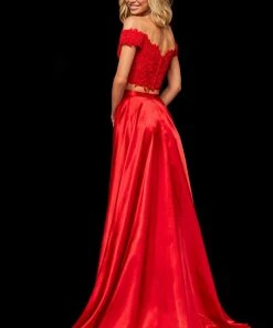 Sherri Hill - 52567 Two Piece Lace Off Shoulder Satin A-Line Gown