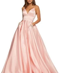 Sherri Hill - 52629 Satin Deep V- Neckline A Line Dress