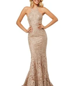 Sherri Hill - 52644 Metallic Lace Halter Mermaid Dress With Train