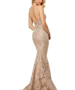 Sherri Hill - 52644 Metallic Lace Halter Mermaid Dress With Train