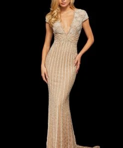 Sherri Hill - 52685 Beaded Deep V-neck Sheath Dress With Train