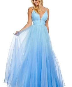 Sherri Hill - 52707 Deep V-neck Organza Ballgown With Train