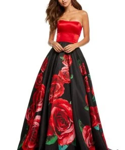 Sherri Hill - 52722 Strapless Satin And Floral Print A-line Dress