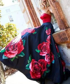 Sherri Hill - 52722 Strapless Satin And Floral Print A-line Dress