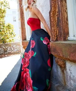 Sherri Hill - 52722 Strapless Satin And Floral Print A-line Dress