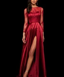 Sherri Hill - 52765 Lace Long Sleeve Bateau Charmeuse A-line Dress 8 Sherri Hill - 52765 Lace Long Sleeve Bateau Charmeuse A-line Dress