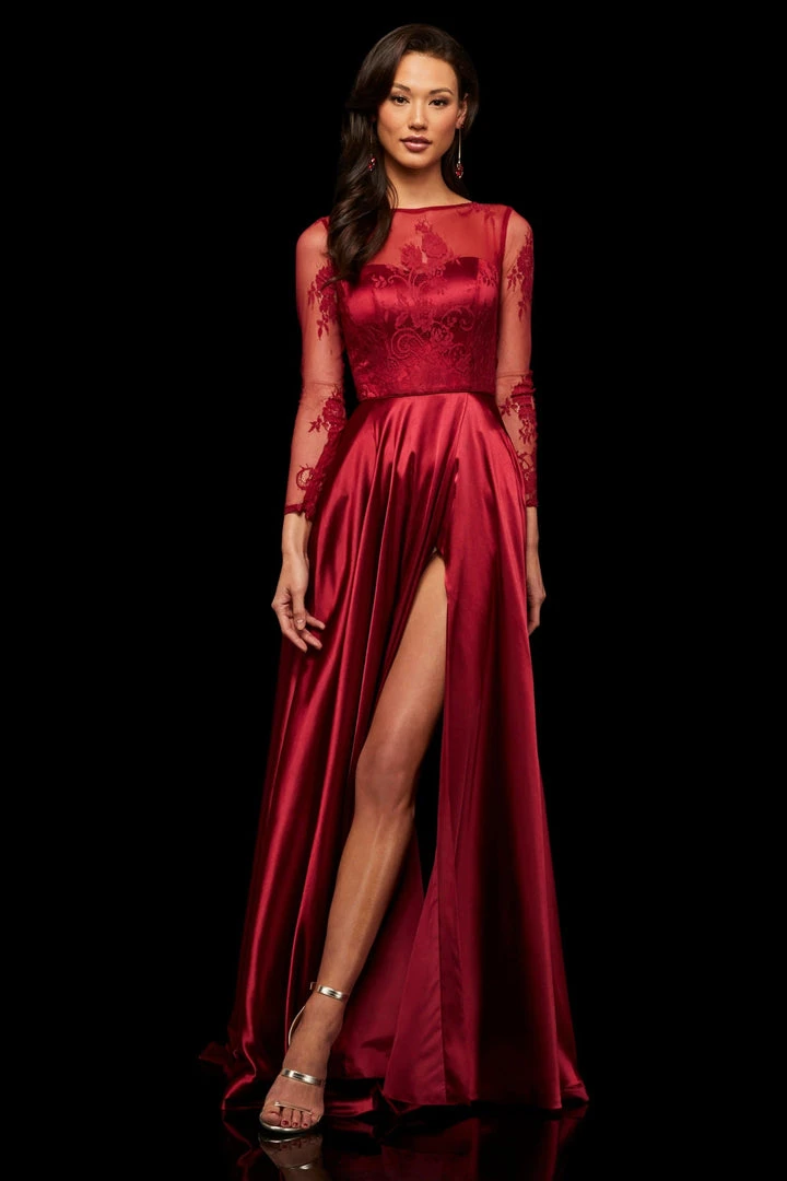 Sherri Hill - 52765 Lace Long Sleeve Bateau Charmeuse A-line Dress 5 Sherri Hill - 52765 Lace Long Sleeve Bateau Charmeuse A-line Dress