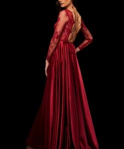 Sherri Hill - 52765 Lace Long Sleeve Bateau Charmeuse A-line Dress 9 Sherri Hill - 52765 Lace Long Sleeve Bateau Charmeuse A-line Dress