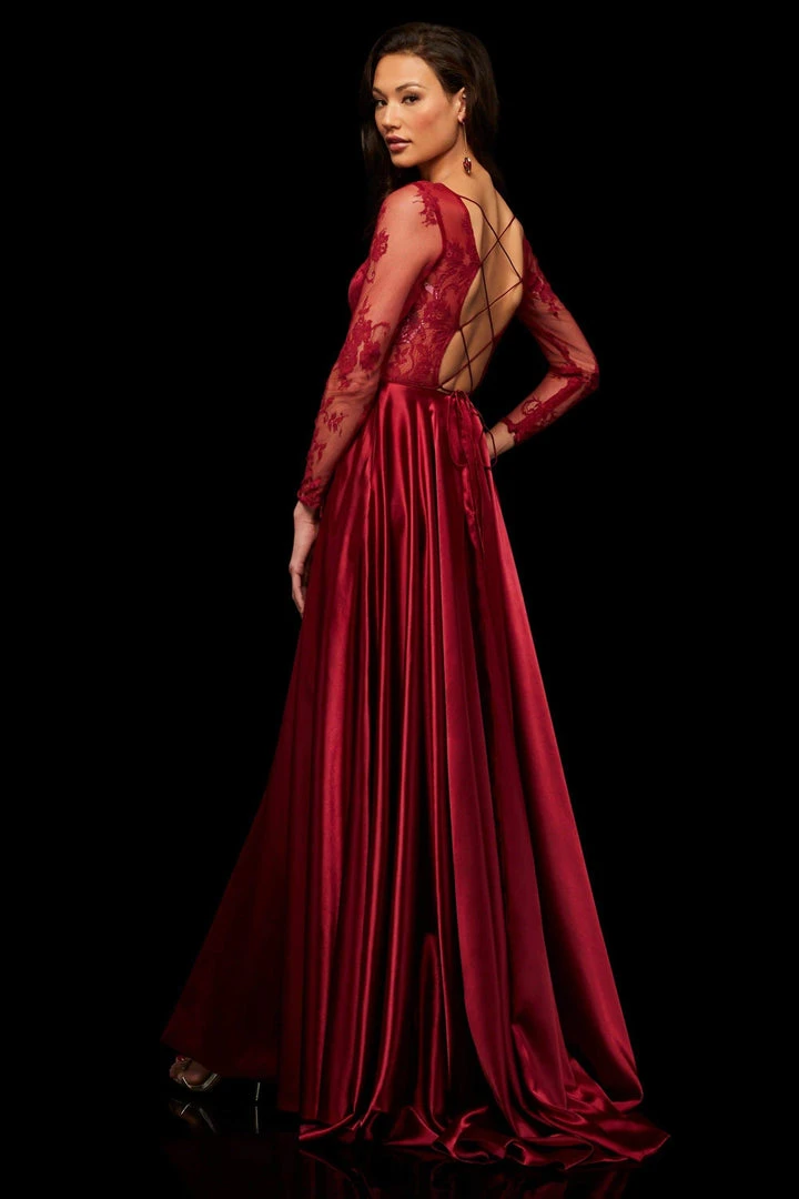 Sherri Hill - 52765 Lace Long Sleeve Bateau Charmeuse A-line Dress 6 Sherri Hill - 52765 Lace Long Sleeve Bateau Charmeuse A-line Dress