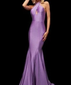 Sherri Hill - 52784 Satin Cross Halter Mermaid Dress With Train