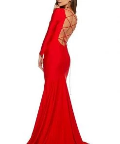 Sherri Hill - 52785 Long Sleeve Bateau Satin Trumpet Dress