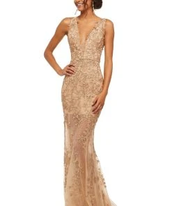 Sherri Hill - 52820 Lace Appliqued Pipe Waist Sheer Gown