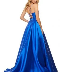Sherri Hill - 52821 Satin Lace-Up Back V- Neckline A Line Dress