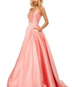 Sherri Hill - 52821 Satin Lace-Up Back V- Neckline A Line Dress