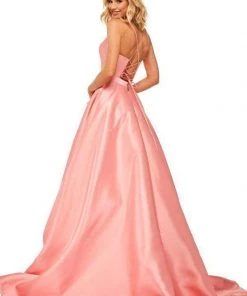 Sherri Hill - 52821 Satin Lace-Up Back V- Neckline A Line Dress