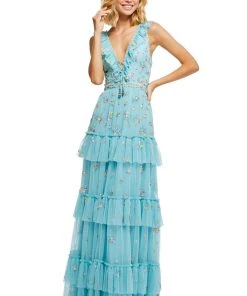 Sherri Hill - 52884 Embroidered Deep V-neck Layered Ruffled Dress