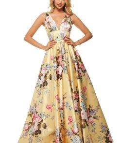 Sherri Hill - 52909 Floral Print Deep V-neck A-line Dress
