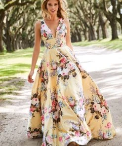 Sherri Hill - 52909 Floral Print Deep V-neck A-line Dress