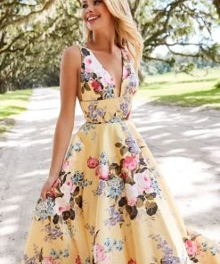 Sherri Hill - 52909 Floral Print Deep V-neck A-line Dress
