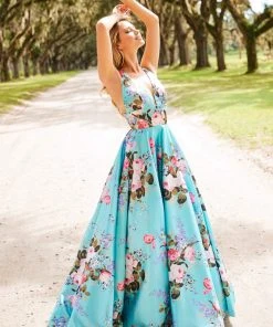 Sherri Hill - 52909 Floral Print Deep V-neck A-line Dress