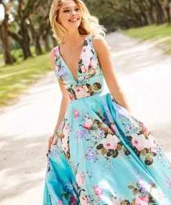 Sherri Hill - 52909 Floral Print Deep V-neck A-line Dress
