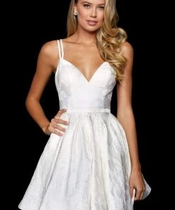 Sherri Hill - 52983 Plunging V-neck Brocade Short A-line Dress