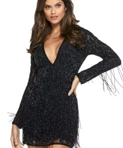 Sherri Hill - 53010 Beaded Long Sleeve Short Fringed Dress