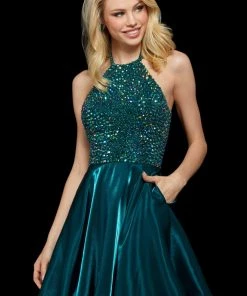 Sherri Hill - 53154 Sleeveless Beaded Halter Neck Short A-line Dress