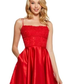 Sherri Hill - 53258 Short Lace Straight Neck Satin A-line Dress