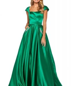 Sherri Hill - 53315 Square Neck Crisscross Back Cap Sleeve Satin Dress