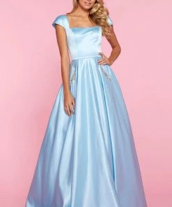 Sherri Hill - 53315 Square Neck Crisscross Back Cap Sleeve Satin Dress