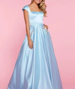 Sherri Hill - 53315 Square Neck Crisscross Back Cap Sleeve Satin Dress