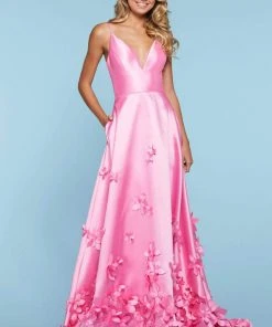Sherri Hill - 53337 Floral Appliqued Deep V-Neck Mikado Dress