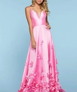 Sherri Hill - 53337 Floral Appliqued Deep V-Neck Mikado Dress