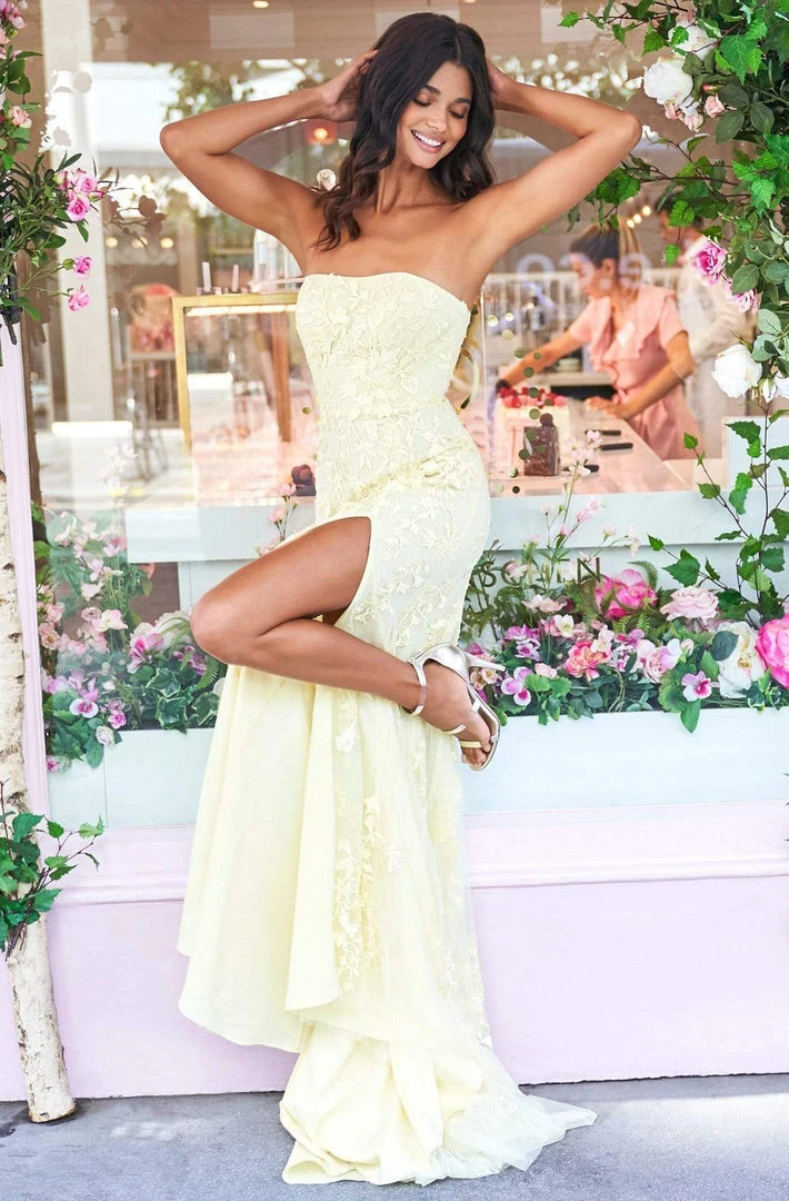 Sherri Hill - 53345 High Slit Straight Neck Strapless Lace Dress 5 Sherri Hill - 53345 High Slit Straight Neck Strapless Lace Dress