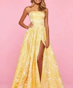 Sherri Hill - 53379 Strapless Brocade A-line Gown With Slit