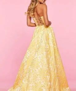 Sherri Hill - 53379 Strapless Brocade A-line Gown With Slit