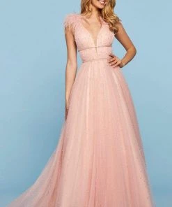 Sherri Hill - 53413 V-Neck Feather A-Line Dress