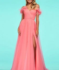 Sherri Hill - 53417 Feathered Ruched V-Neck Chiffon A-Line Dress