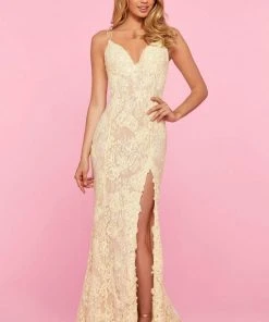 Sherri Hill - 53460 Beaded Lace V-Neck Dress With Slit