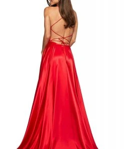 Sherri Hill - 53498 Sleeveless V Neck Strappy Open Back Satin Dress