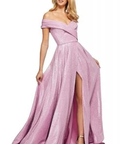 Sherri Hill - 53499 Off The Shoulder Glitter High Slit Dress