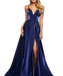 Sherri Hill - 53548 Satin V-Neck Evening Dress With Slit