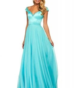 Sherri Hill - 53549 Beaded V Neck Chiffon Overlay Long Satin Dress