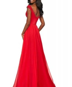 Sherri Hill - 53549 Beaded V Neck Chiffon Overlay Long Satin Dress