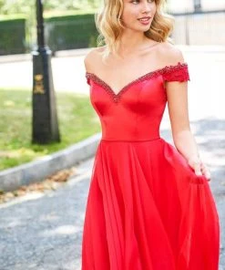 Sherri Hill - 53549 Beaded V Neck Chiffon Overlay Long Satin Dress