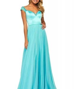 Sherri Hill - 53549 Beaded V Neck Chiffon Overlay Long Satin Dress