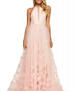 Sherri Hill - 53595 Long Halter Style Plunged Inset A-Line Dress